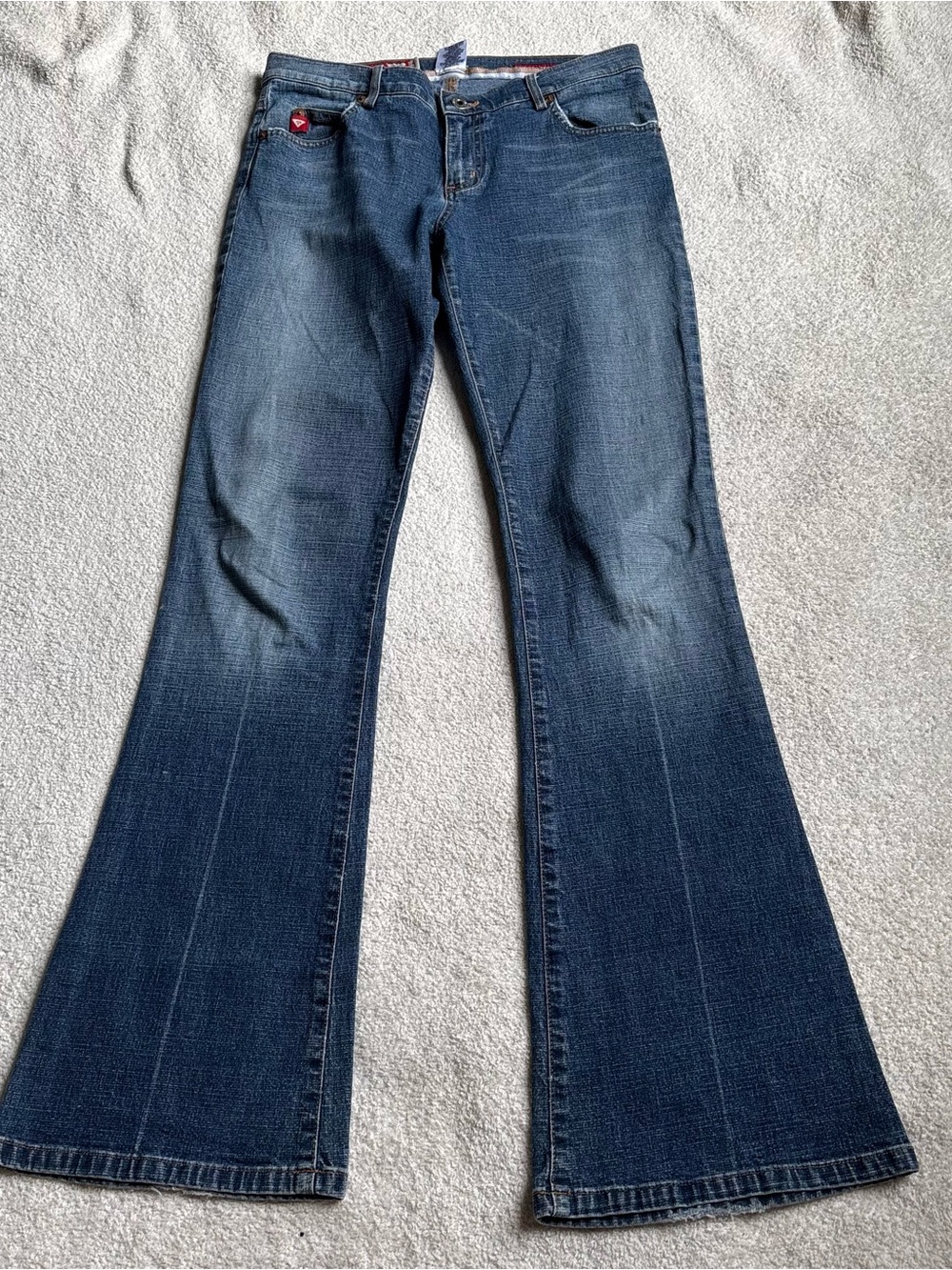 Early 2000s low rise Y2K Guess Women's Dark Blue Flare Jeans